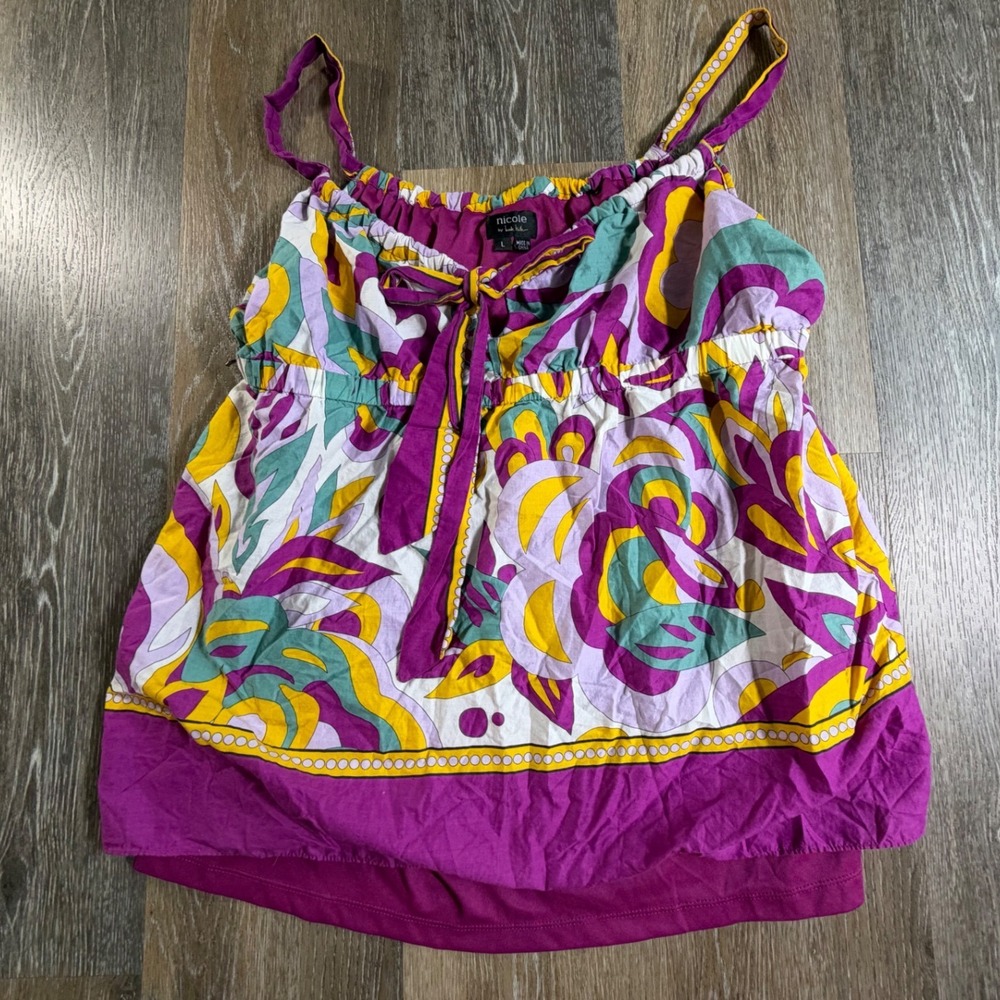 Nicole Miller Camisole Women Large Purple Floral Empire Waist Tie Front Tank